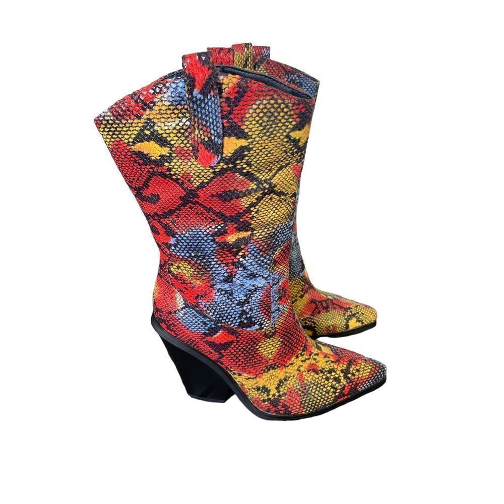 Azalea Wang Midcalf Multicolor Snakeskin Print Western Boots Red/Yellow Size 6